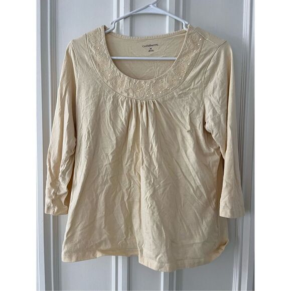 Croft and Barrow light yellow embroidered scoop neck top 3/4 sleeves L - Picture 1 of 3
